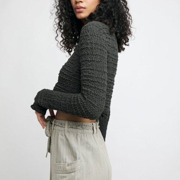 NWT Free People warm grey smocked knit lettuce trim cropped cardigan, M - Picture 6 of 10